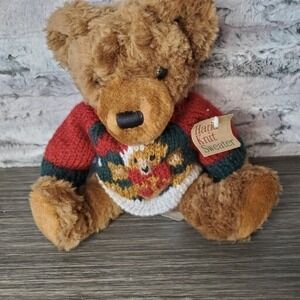 MTY International Brown Fuzzy Bear Hand Knit Santa Teddy Sweater Christmas Plush